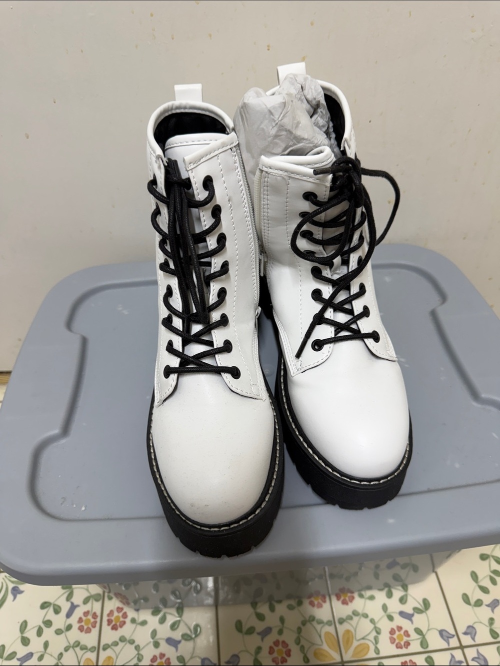 Madden Girl White Lace-Up Platform Combat Boots with Black Soles
